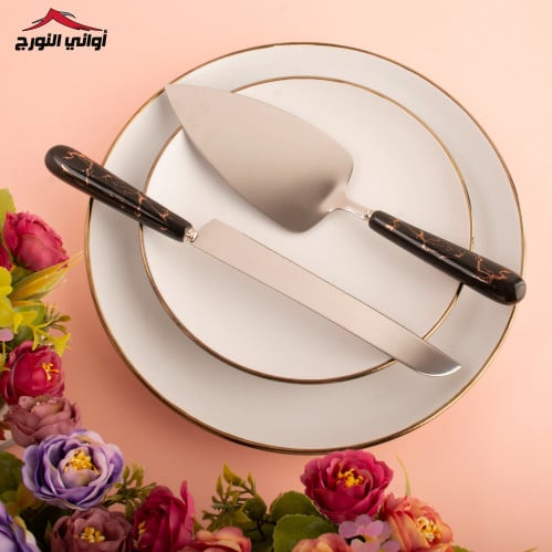 ملعقة كيك مع سكين ماربل أسود فضي