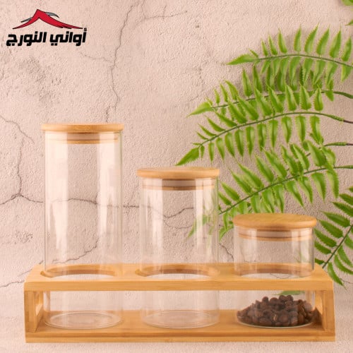طقم علب زجاج بغطاء خشب وقاعدة