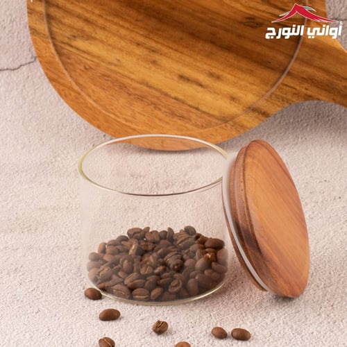 حافظة زجاج دائري بغطاء خشب بالحبه