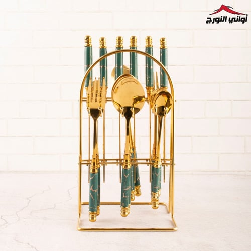 طقم ادوات مائدة ماربل أخضر مذهب بستاند 24 قطعة