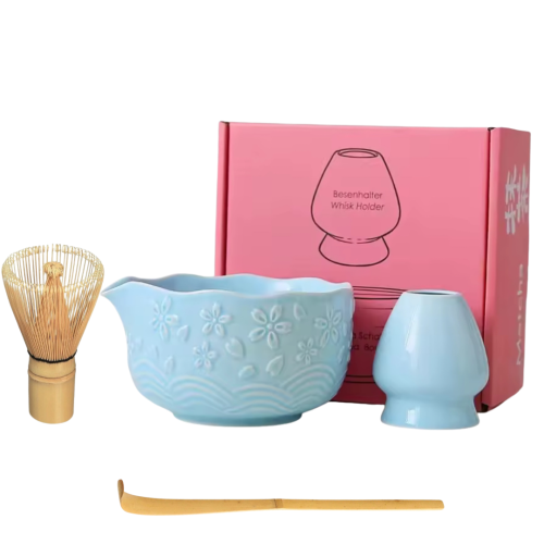 Matcha preparation set with prominent celestial de...