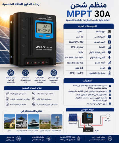 منظم شحن شمسي MPPT بقدرة 30 أمبير – كفاءة عالية لإ...