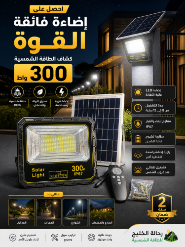 كشاف 300 واط طاقة شمسية: إضاءة قوية ومستدامة للأما...