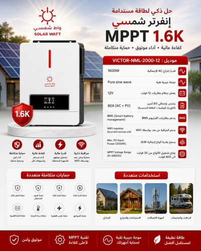 محول 1600 واط مع منظم MPPT – كفاءة عالية لتحويل ال...