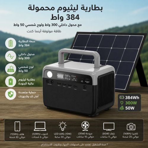 ‏ بطارية ليثيوم 384 واط مع محول داخلي بقوة 300 واط...