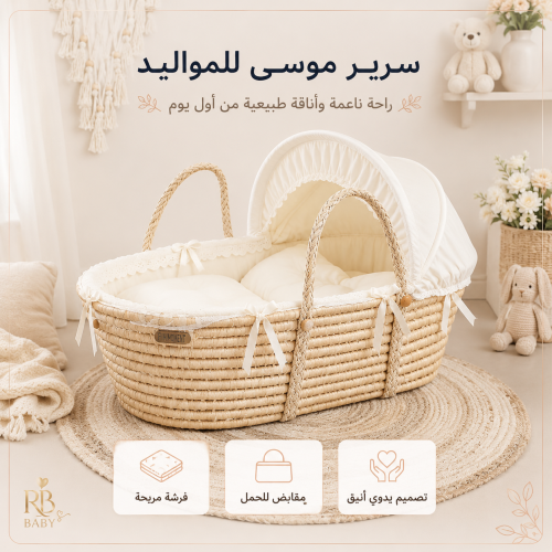 سرير موسى سكري للمواليد مع ناموسية ومقابض حمل