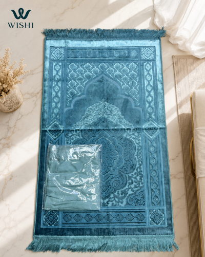 سجادة صلاة حرير تركي مع شرشف تركوازي ثلاث فجات