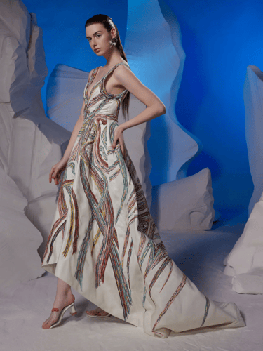 Cotton silk v neck gown featuring colorful silk th...