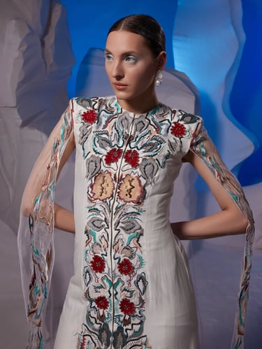 Cotton silk front-open jacket dress with a back ca...
