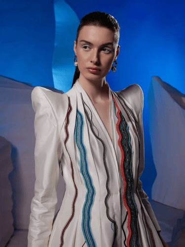 Floor-length gown with a lapel neckline