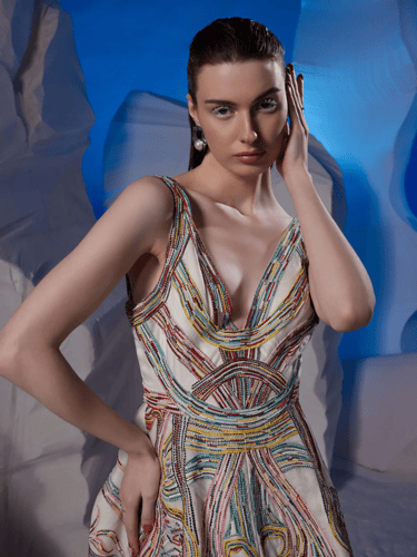 Cotton silk v neck gown featuring colorful silk th...