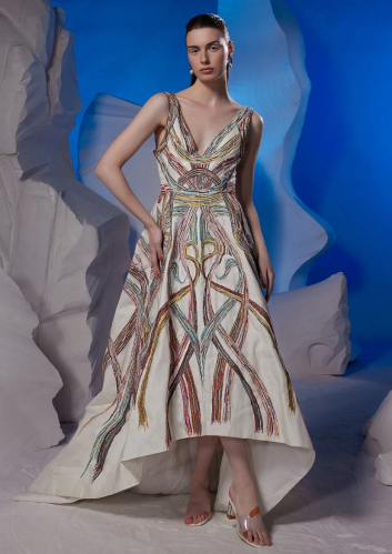 Cotton silk v neck gown featuring colorful silk th...