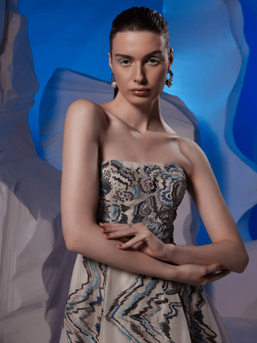 Cotton silk off-shoulder gown featuring a box plea...