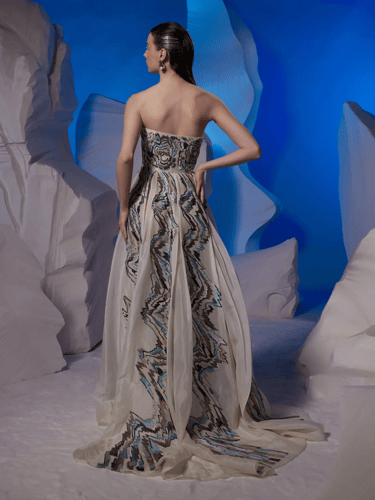 Cotton silk off-shoulder gown featuring a box plea...