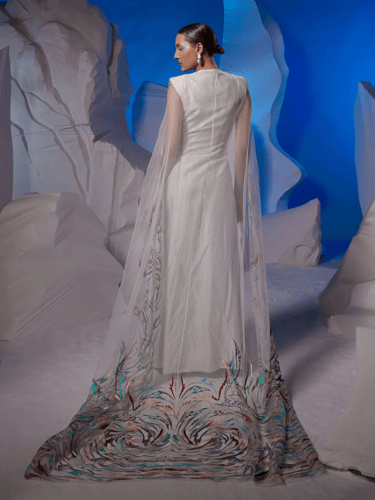 Cotton silk front-open jacket dress with a back ca...