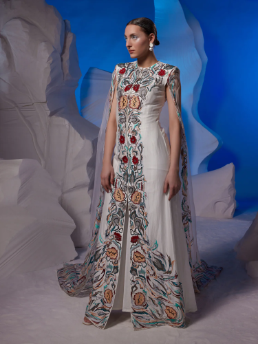 Cotton silk front-open jacket dress with a back ca...