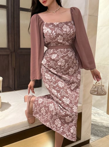 فستان نسائي أنيق بياقة مربعة