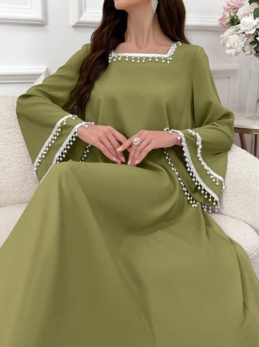 فستان نسائي أنيق على الطراز العربي محتشم ، مزين بأ...