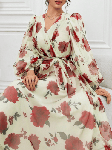 فستان كم فوانيس طويل متواضع مطبوع بالوردي بحزام لل...