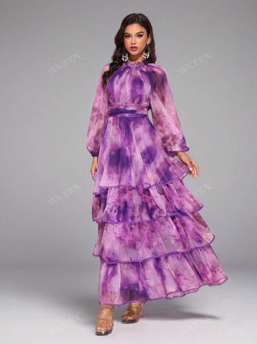 فستان بأكمام فوانيس مطبوع بشكل عشوائي