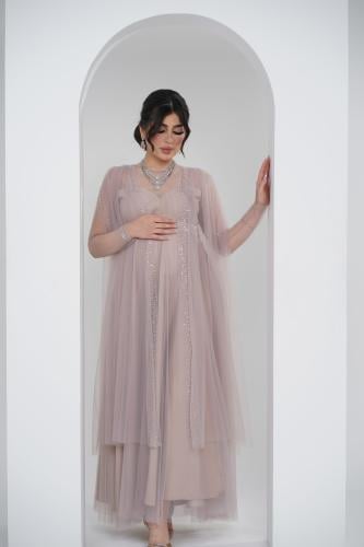 فستان سهرة وردي للحوامل تفته مع تل- فساتين حوامل