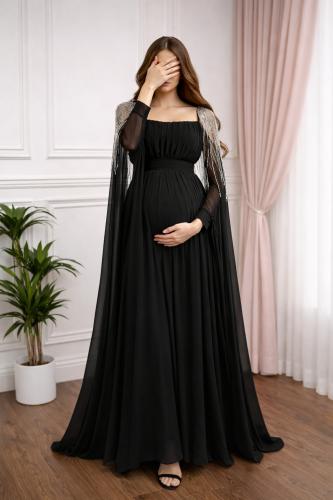 فستان حوامل أسود جورجيت مطرز يدوي