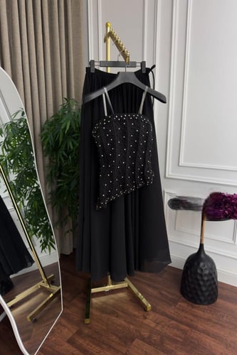 فستان سهرة أسود قطعتين تنورة كلوش شيفون