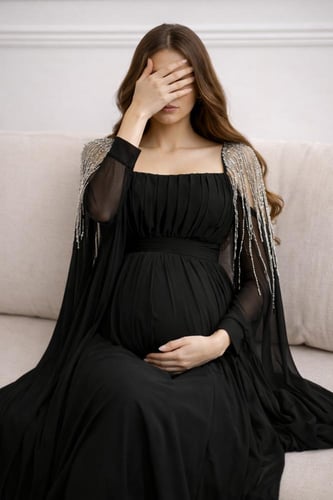 فستان حوامل أسود جورجيت مطرز يدوي