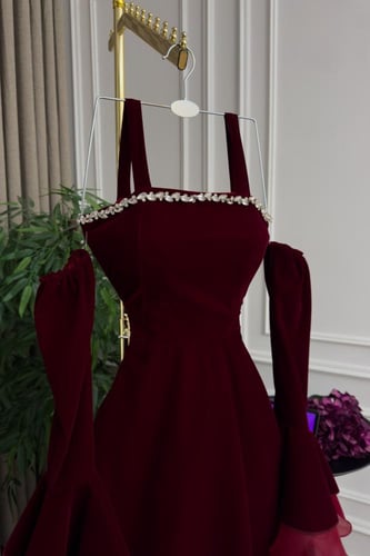 فستان سهره عنابي قصير خامة جوخ