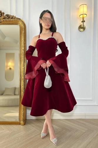 فستان سهره عنابي قصير خامة جوخ