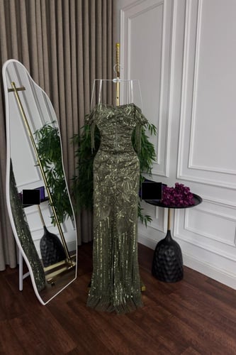 فستان سهره زيتي خامة تل كلفة تطريز خرز