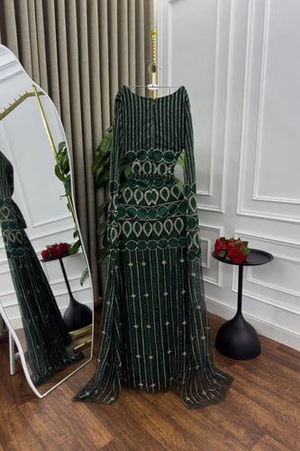 فستان تل أخضر فخم مطرز | فساتين سهرة فخمة