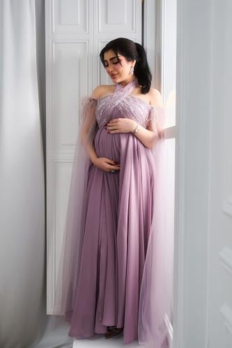 فستان سهرة للحوامل شيفون ناعم لون موف | فساتين سهر...