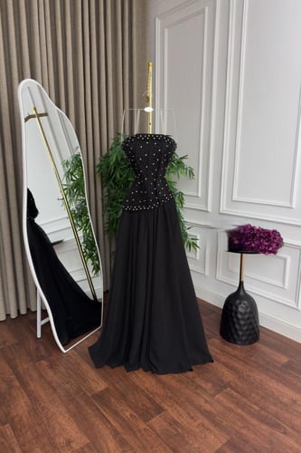 فستان سهرة أسود قطعتين تنورة كلوش شيفون