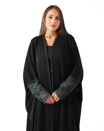 Black Half Bisht Abaya with Beaded Embroidery and Green Lace Cuffs