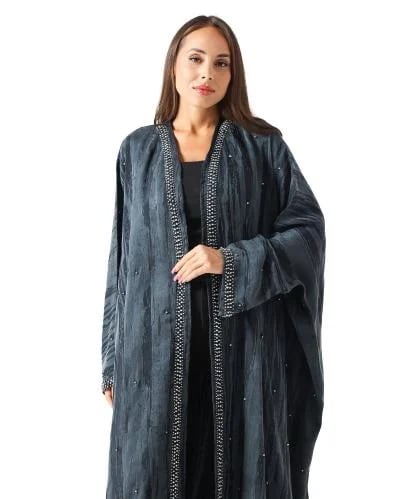 Steel Blue Printed Washed Silk Half Bisht Abaya with Beading