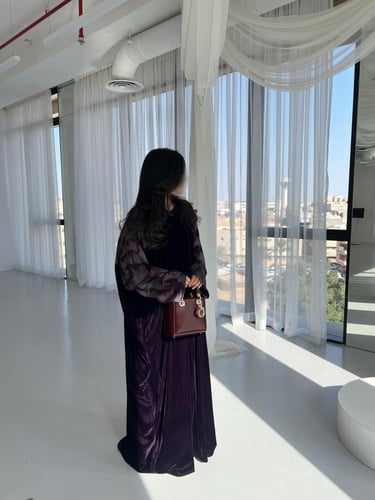 ⁠Purple Velvet Silk Contrast Abaya - Butterfly Cut