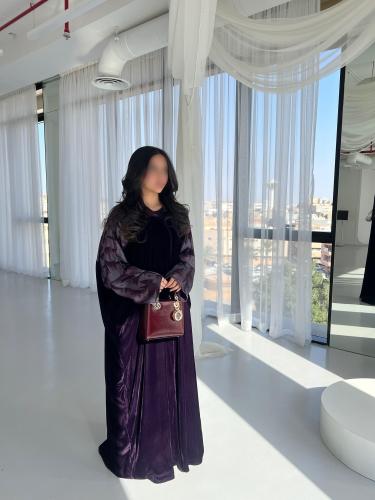 ⁠Purple Velvet Silk Contrast Abaya - Butterfly Cut