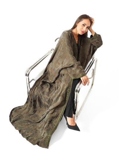 Bronze-Olive Printed Washed Silk Half Bisht Abaya