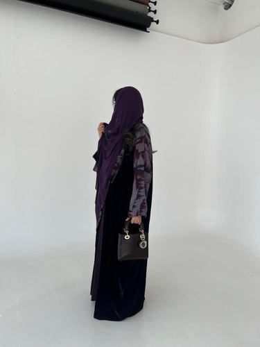 ⁠Purple Velvet Silk Contrast Abaya - Butterfly Cut