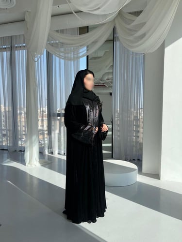 ⁠Black Velvet Silk Contrast Abaya - A line cut