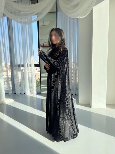 ⁠Soft Black Printed Velvet - A Line Cut