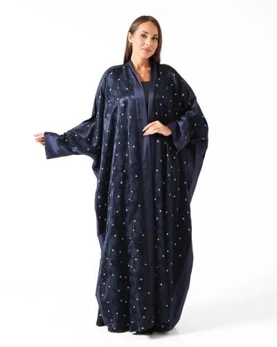 Navy Turkish Silk Floral Print Half Bisht Abaya