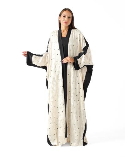 Cream Turkish Silk Black Floral Print Half Bisht Abaya