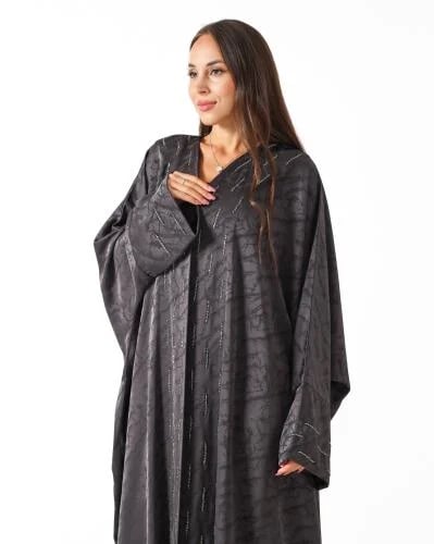 Charcoal Textured Half Bisht Abaya with Beaded Thread Detail