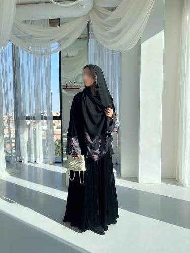 ⁠Black Velvet Silk Contrast Abaya - A line cut