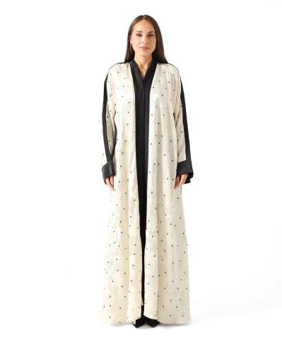 Cream Turkish Silk Black Floral Print A-Cut Abaya