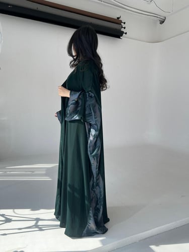 ⁠Green Velvet Silk Contrast Abaya Half Bisht Cut