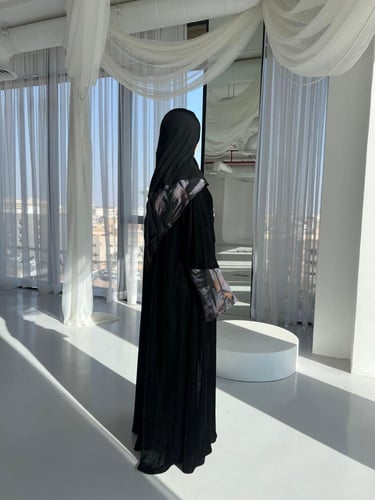 ⁠Black Velvet Silk Contrast Abaya - A line cut
