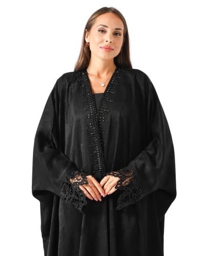 Black Half Bisht Abaya with Beaded Trim and Beaded Lace Cuffs